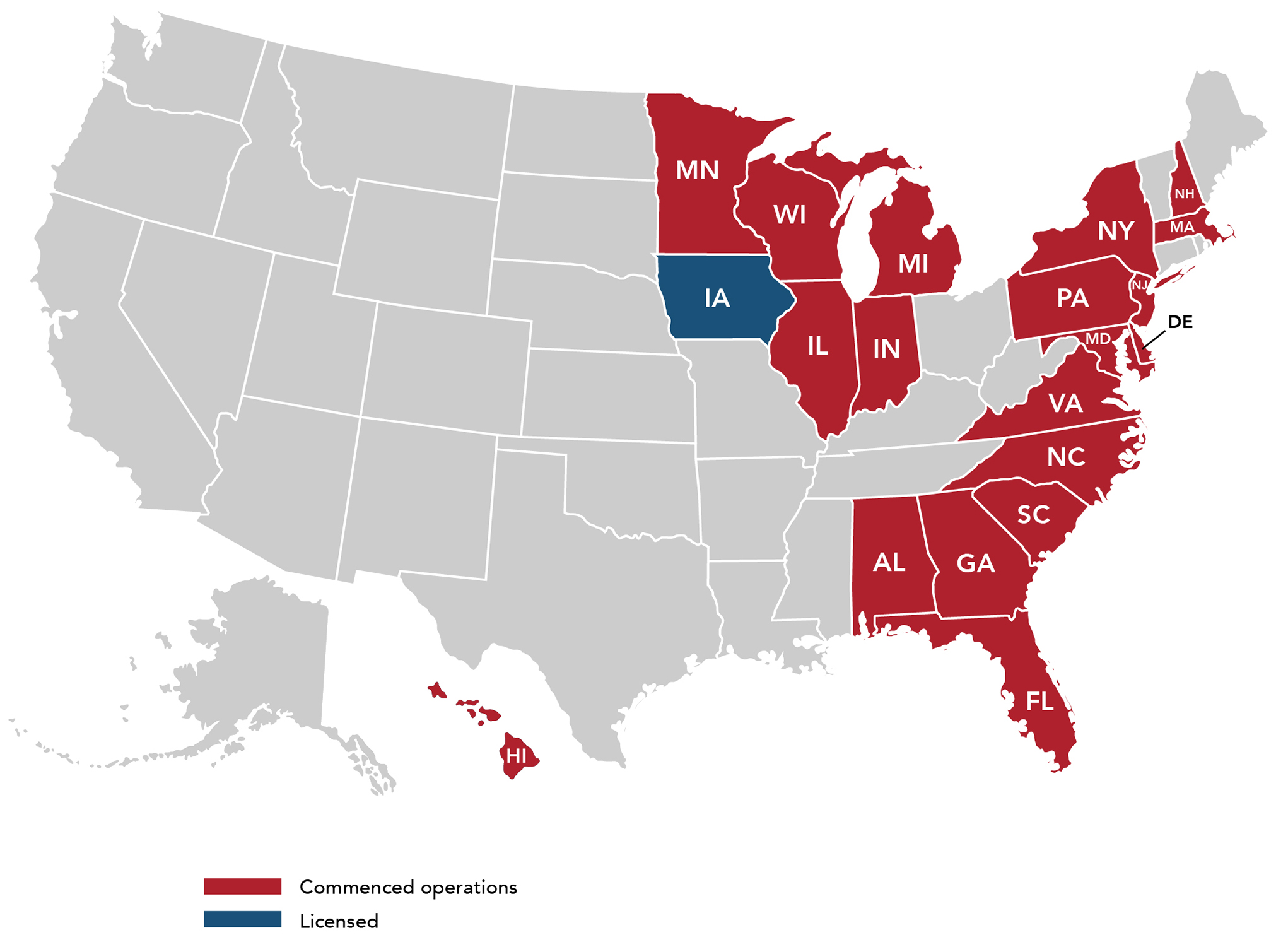 Un mapa que muestra en qué estados podemos suscribir seguros y tenemos licencia
